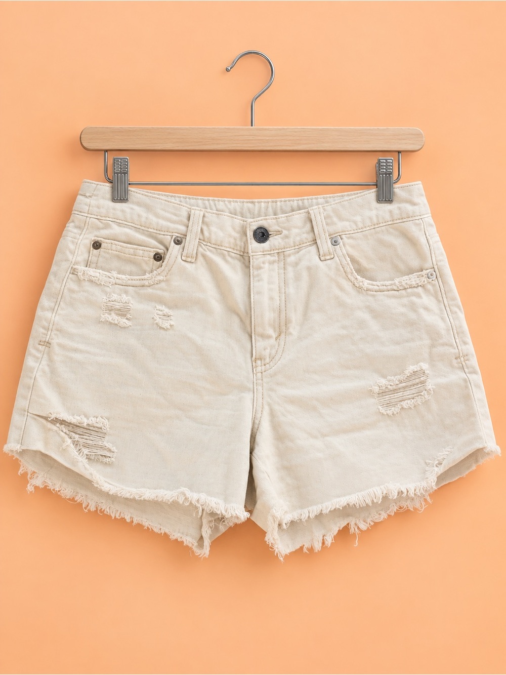 aerie Cream Distressed High-Rise Jean Shorts with Frayed Hem